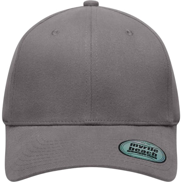 A grey 6 panel elastic fit baseball cap with a logo on the front.