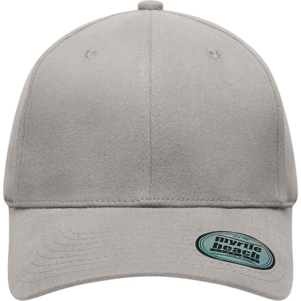 A grey six-panel elastic fit baseball cap with a logo on the front.
