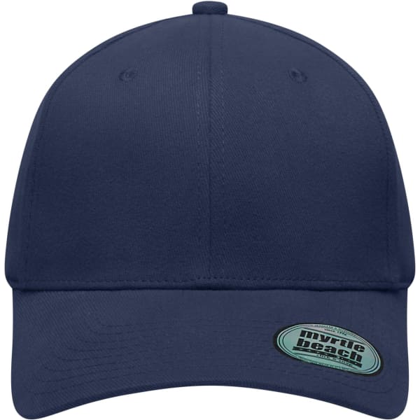 A navy blue 6-panel elastic fit baseball cap featuring a logo on the side.