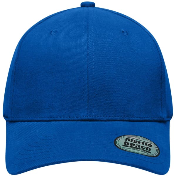 A blue six-panel elastic fit baseball cap with a logo on the side.