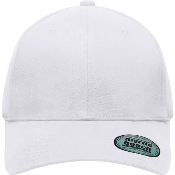 A white 6 panel elastic fit baseball cap with a logo on the side. Ideal for casual wear.
