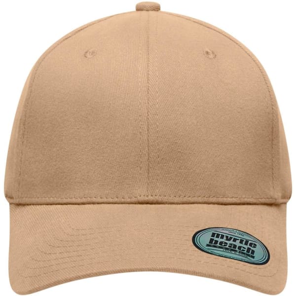 A beige 6 panel elastic fit baseball cap with a rounded top and a curved brim. It features a logo on the side.