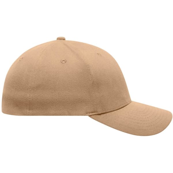 A beige 6 panel elastic fit baseball cap with a curved brim and a logo on the front.