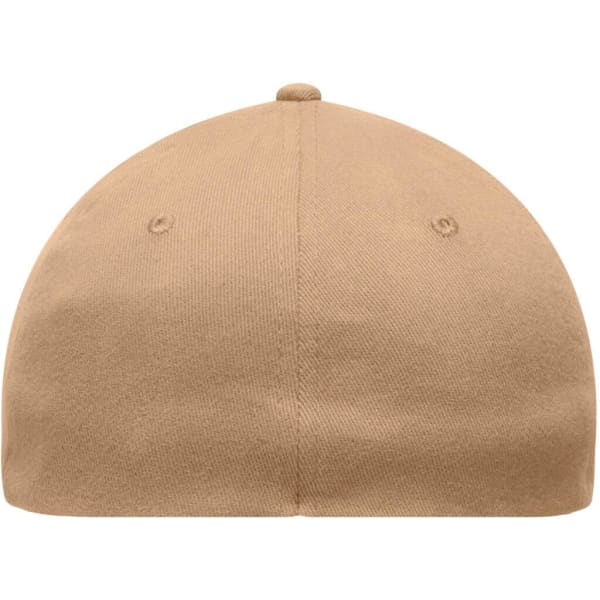 A tan 6 Panel Elastic Fit Baseball Cap featuring a smooth round crown and ventilation eyelets.