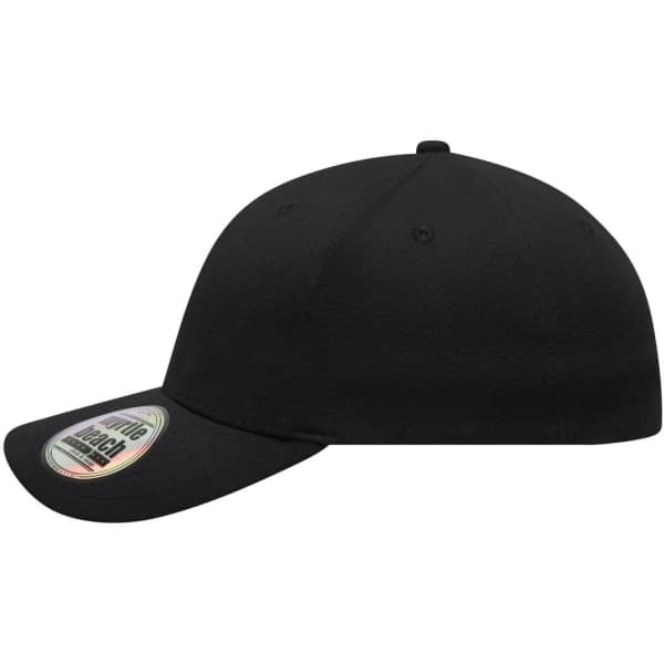 A black 6 panel elastic fit baseball cap with a curved brim and a logo on the front.
