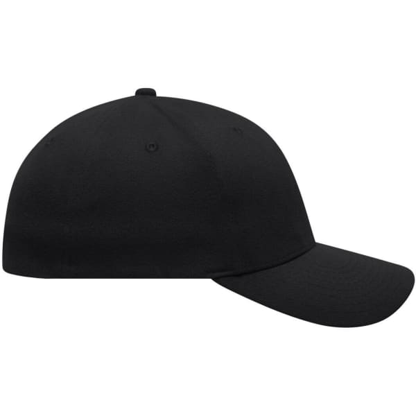A black 6 panel elastic fit baseball cap with a curved brim and a logo on the side.