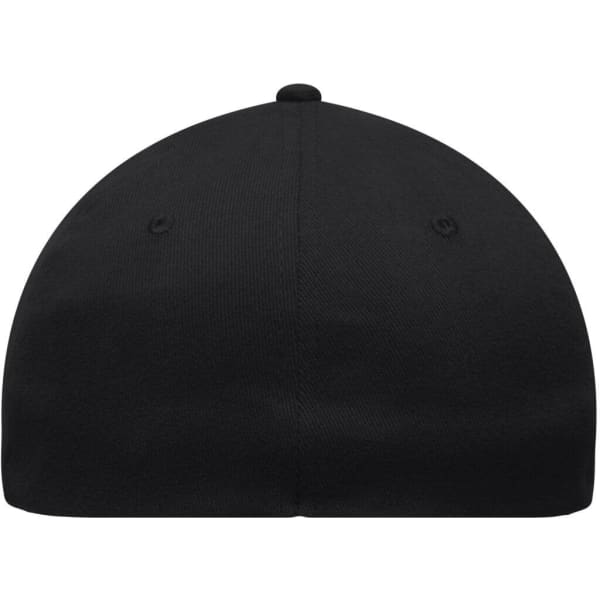 A black 6-panel elastic fit baseball cap featuring a rounded top and a small button at the centre.