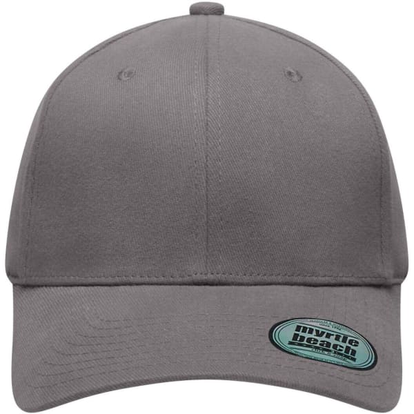 A grey 6 panel elastic fit baseball cap with a logo on the front and curved brim.
