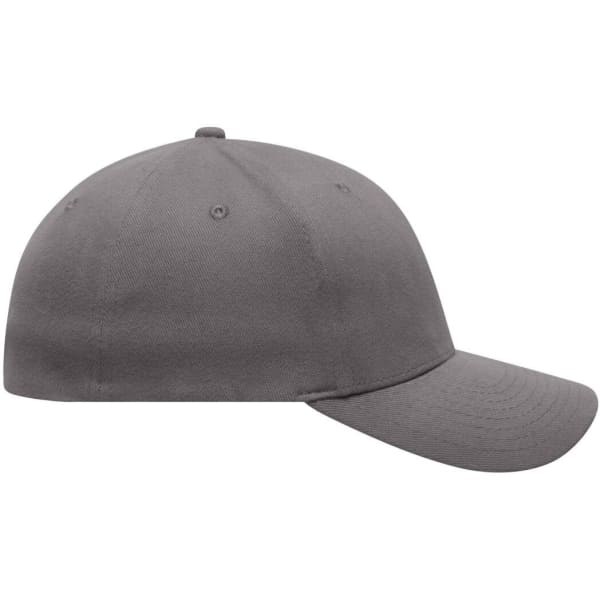 A grey 6 panel elastic fit baseball cap featuring a curved brim and a logo.