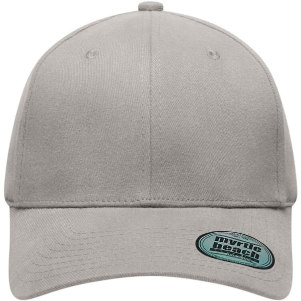 A grey 6 panel elastic fit baseball cap with a logo on the front.