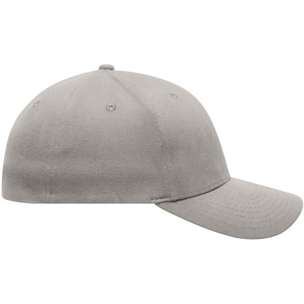 A grey 6-panel elastic fit baseball cap with a rounded crown and a curved brim, featuring a logo.