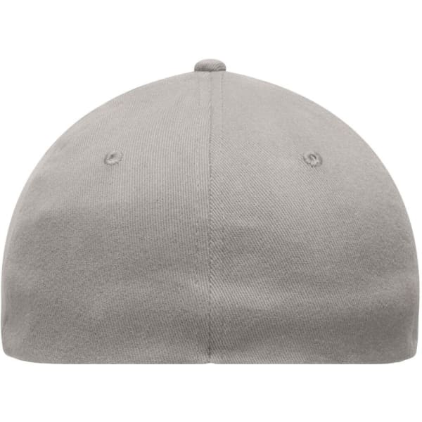 A grey 6 panel elastic fit baseball cap with a smooth, rounded top and a simple design.