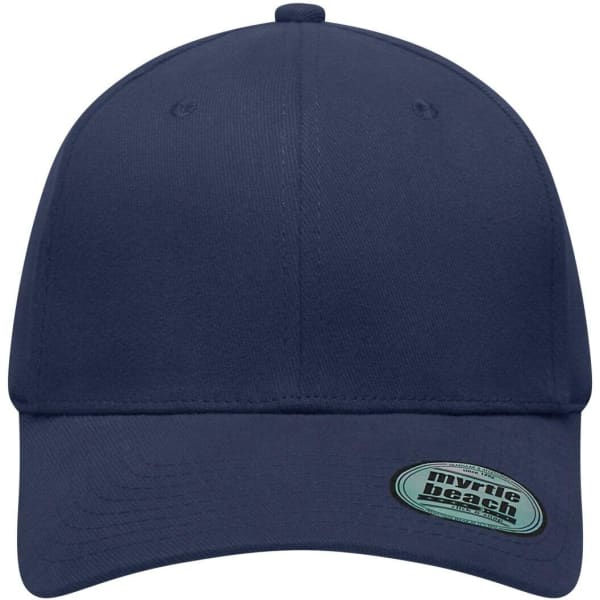 A navy blue 6 panel elastic fit baseball cap with a logo on the side.