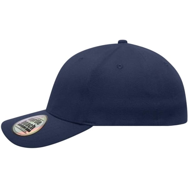 A navy blue 6 panel elastic fit baseball cap featuring a logo on the side.