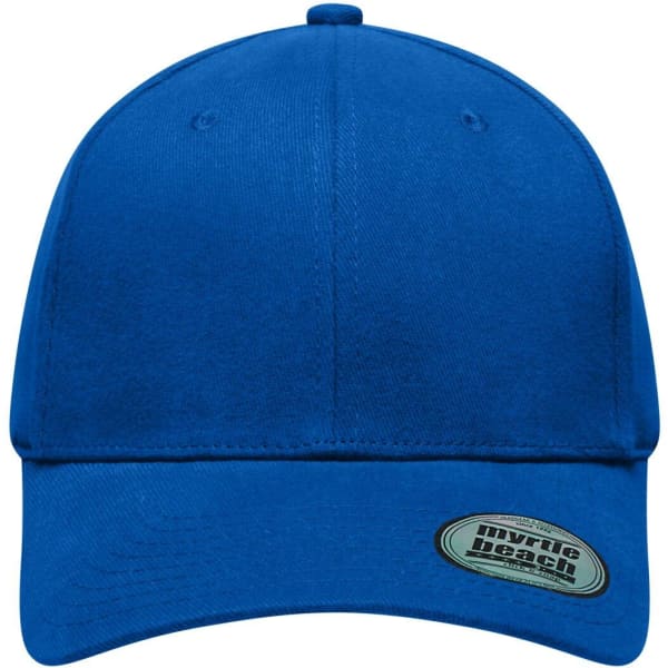 A blue 6 panel elastic fit baseball cap featuring a logo on the side.