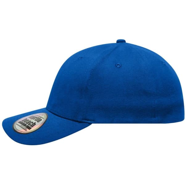 A blue 6-panel elastic fit baseball cap with a logo on the side.