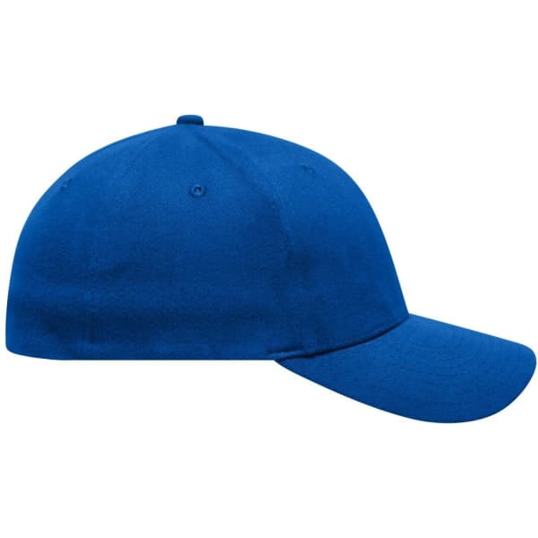 A blue 6 panel elastic fit baseball cap with a curved brim and no visible logos.