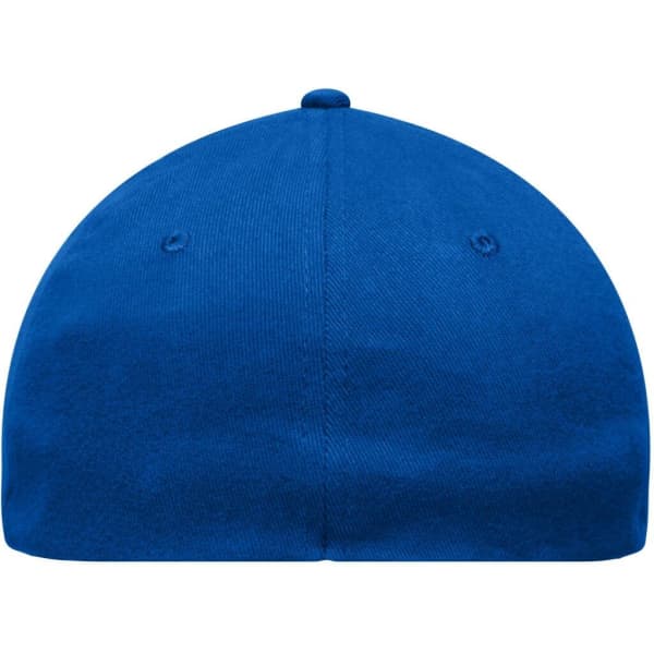 A blue 6 panel elastic fit baseball cap with a rounded top and a small button at the peak.