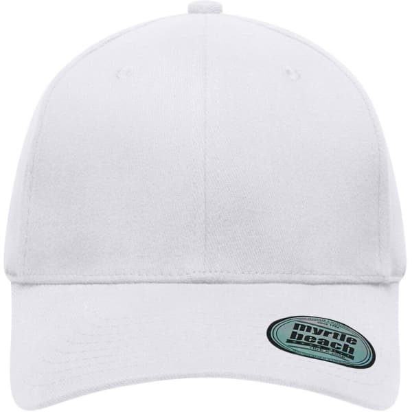 A white 6 panel elastic fit baseball cap featuring a logo on the side.