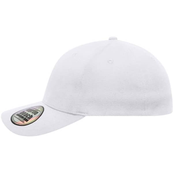 A white 6 panel elastic fit baseball cap with a curved brim and a logo on the side.
