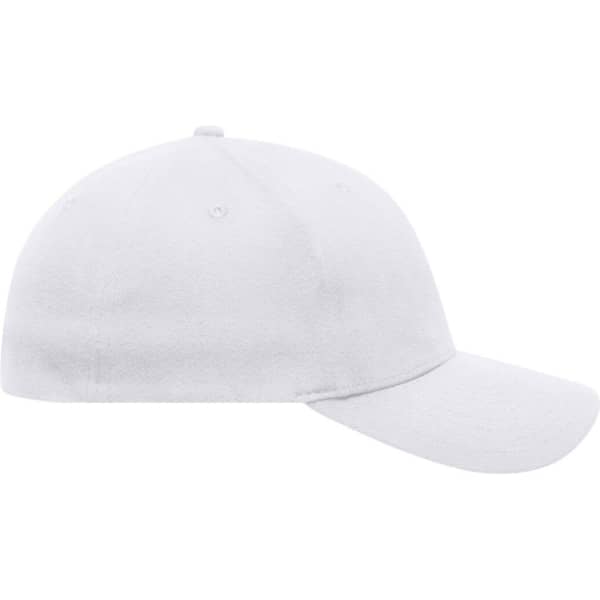 A white 6-panel baseball cap featuring an elastic fit and a curved brim. It has a logo on the side.