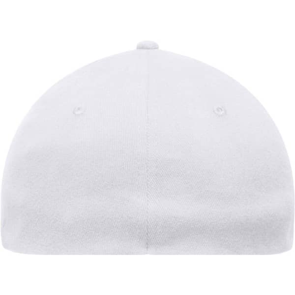 A white 6 panel elastic fit baseball cap featuring ventilation holes and a rounded crown.