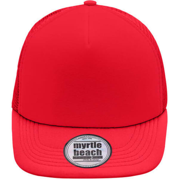 A red 5-panel flat peak cap with a branded logo on the front. The cap features a smooth finish and mesh sides.