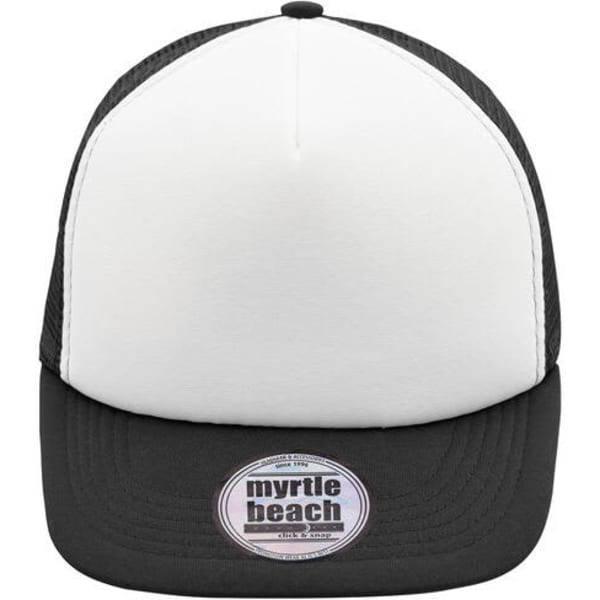 A 5 panel flat peak cap featuring a white front and black mesh sides, including a logo on the front panel.