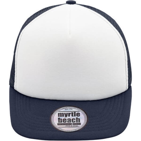 A five-panel flat peak cap in white and navy blue, featuring a logo on the front.