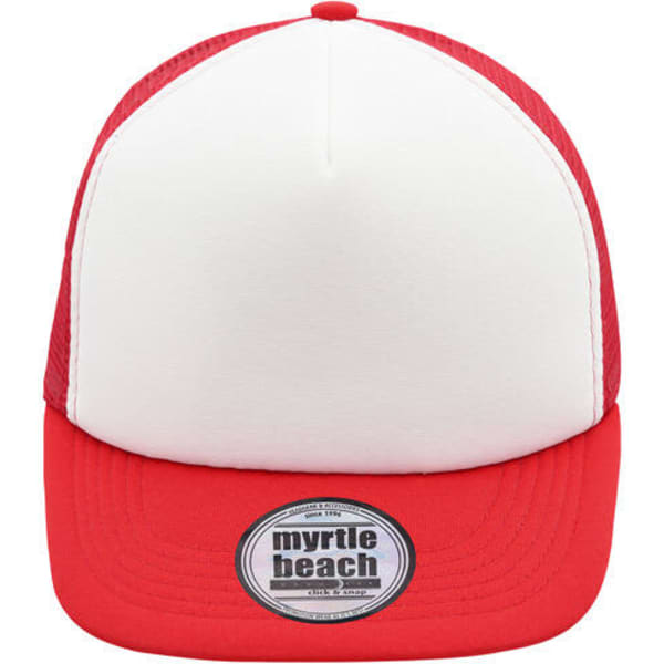A red and white 5 panel flat peak cap featuring a logo on the front.