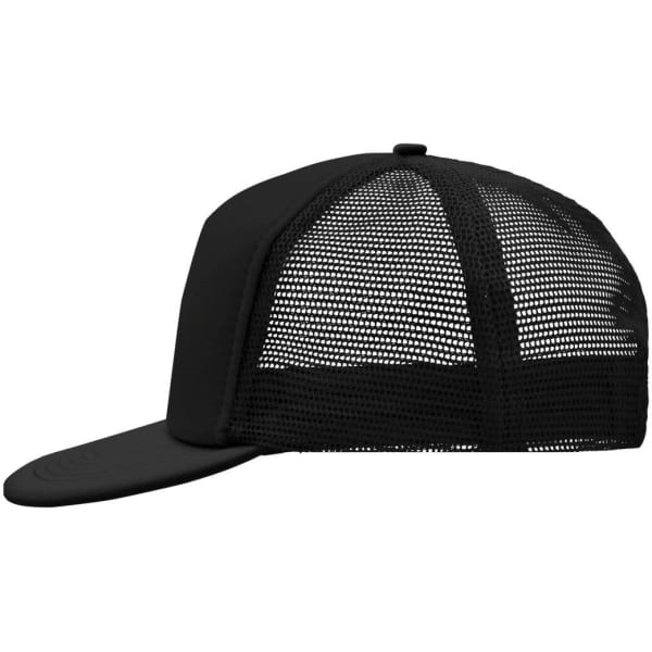 A black 5 panel flat peak cap with a mesh back and a curved brim, featuring a logo on the front.