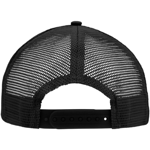 A black 5 panel flat peak cap with a mesh back and adjustable strap. It features a branding logo.