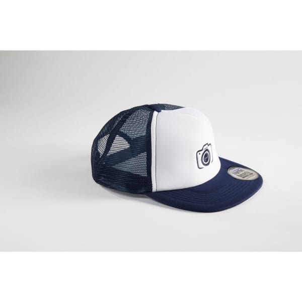 A white and navy 5 Panel Flat Peak Cap featuring a logo and a mesh back design.