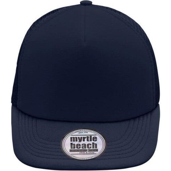 A navy 5 Panel Flat Peak Cap with a mesh backing and a round label on the front.