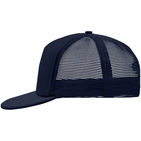 A navy 5 Panel Flat Peak Cap featuring a mesh back and a solid front. Includes a logo.