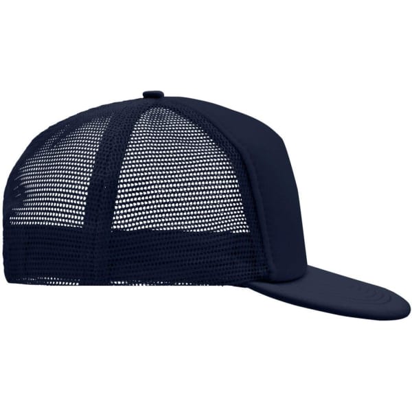 A navy 5 panel flat peak cap featuring a mesh back and a curved brim. The cap includes a logo.