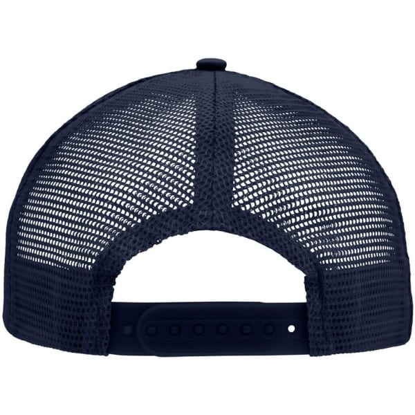 A navy blue 5 panel flat peak cap with a mesh back and an adjustable strap. It features a logo on the side.