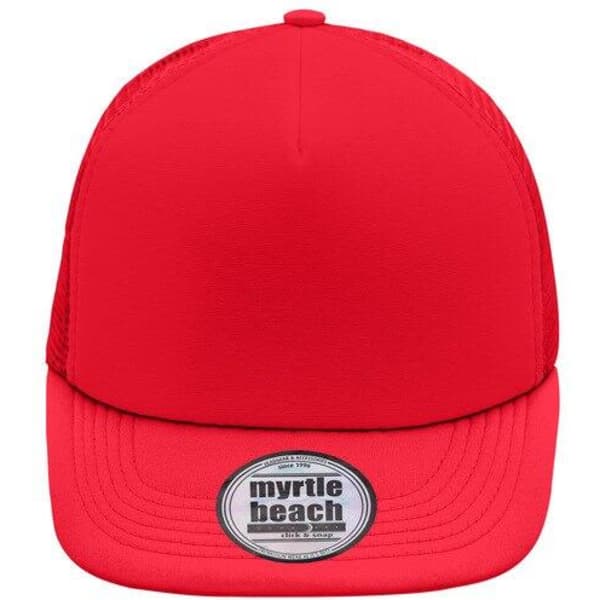 A red 5 Panel Flat Peak Cap with a logo at the front and mesh sides for breathability.