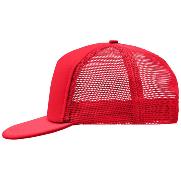A red 5 Panel Flat Peak Cap featuring a solid front and mesh back, with a curved brim and a logo.
