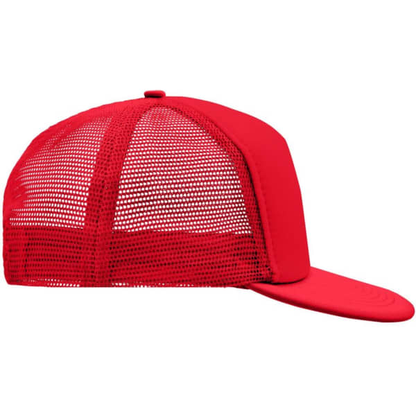 A red 5 panel flat peak cap featuring a solid front and mesh back, with a logo on the front.