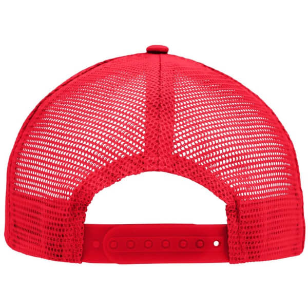 A red 5 panel flat peak cap featuring a mesh back and an adjustable snap closure.