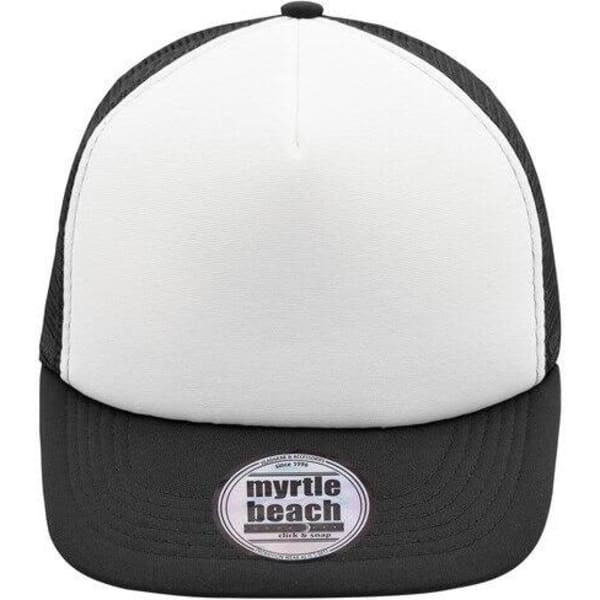 A 5 panel flat peak cap featuring a white front panel and a black peak and mesh sides, with a logo on the front.