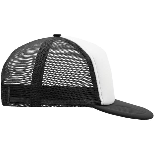 A 5 panel flat peak cap featuring a black mesh back and a white front panel with a black peak.
