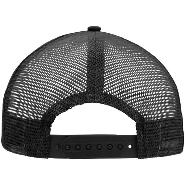 A black 5-panel flat peak cap featuring a mesh back and an adjustable strap.