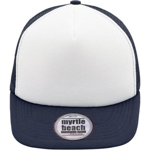 A 5 panel flat peak cap featuring a white front and navy blue peak, with a logo on the front.
