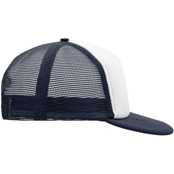 A 5-panel flat peak cap in navy and white, featuring a mesh back and a solid peak, with a logo.