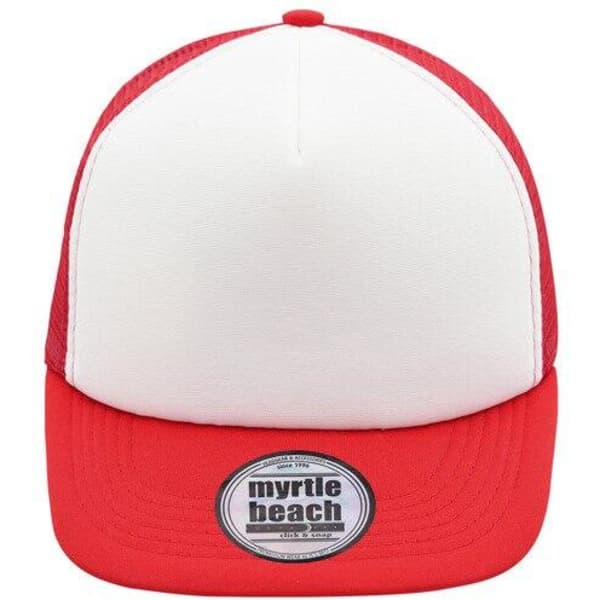 A red and white 5 Panel Flat Peak Cap featuring a logo on the front and mesh panels on the sides.