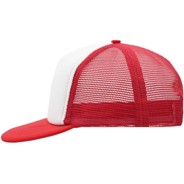 A red and white 5 panel flat peak cap with a mesh back and a solid front panel. Features a logo on the front.