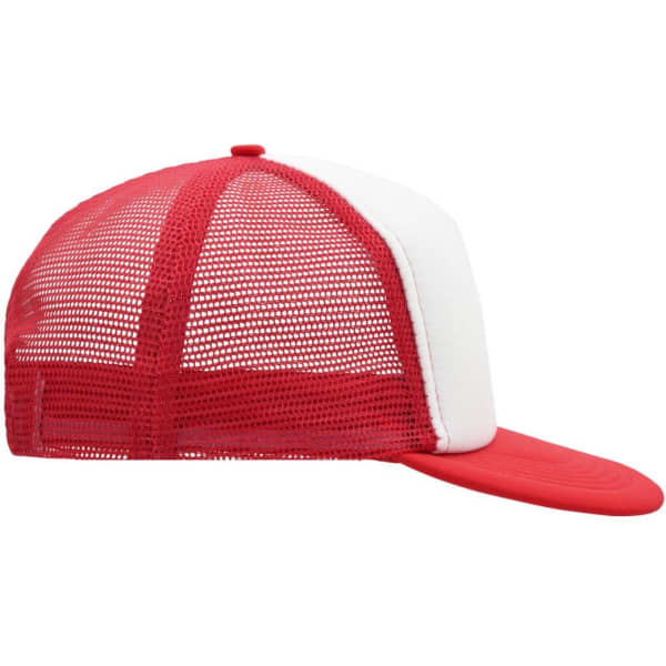 A red and white 5 Panel Flat Peak Cap featuring a mesh back and a solid visor. It has a logo on the front.