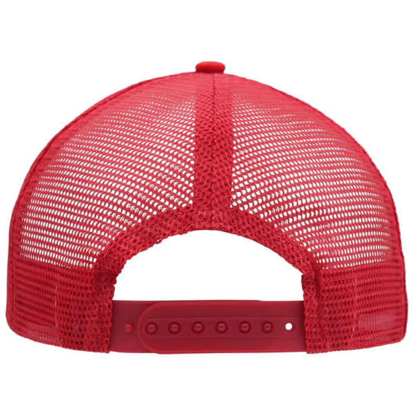 A red 5 panel flat peak cap featuring a mesh back and an adjustable strap. It includes a logo.